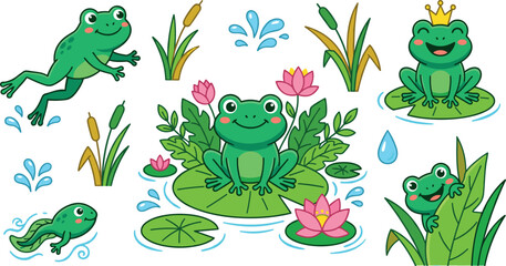 Fototapeta premium Cute Kawaii Frog Character Vector Sticker Set featuring Frog Prince with Crown, Lily Pads, Lotus Flowers, Tadpole, and Pond Lifecycle Elements