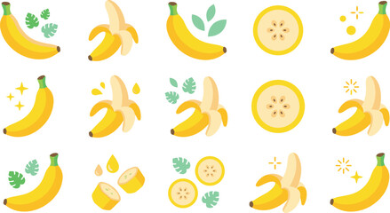 Yellow Banana Fruit Vector Icon Set Featuring Whole Bananas, Peeled Slices, Tropical Monstera Leaves, and Sparkle Accents for Healthy Food Designs © MdMostafijur