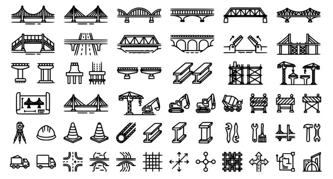 Collection of construction and bridge engineering icons and symbols