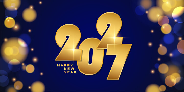 2027 Happy New Year holiday banner. Gold color. New Year 2027 numbers on blue background. Bokeh light effect. Vector illustration.	