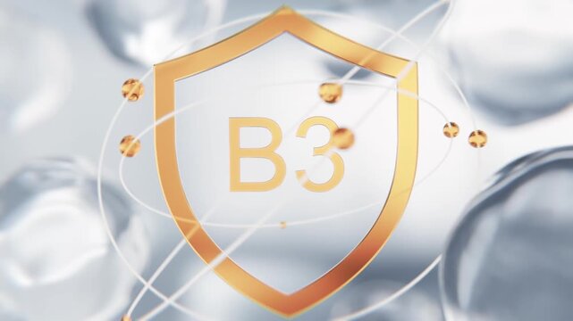Niacin Vitamin B3 golden shield symbol in 3D animation. Nicotinic acid molecular structure background with transparent liquid cells for dermatology and medical video