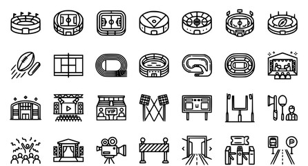 Black line icons of various sports and event venues equipment and activities © TOHURA