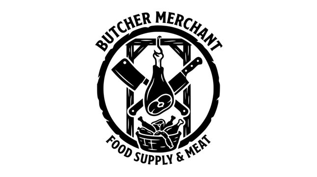 Butcher Merchant Logo: Meat, Food Supply, Knives, Ham Hock, Basket