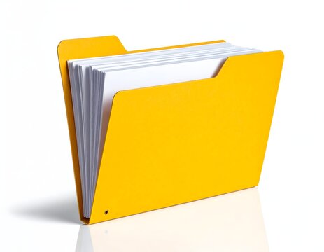 Bright yellow document file folder filled with white paper sheets isolated on white background with reflection.