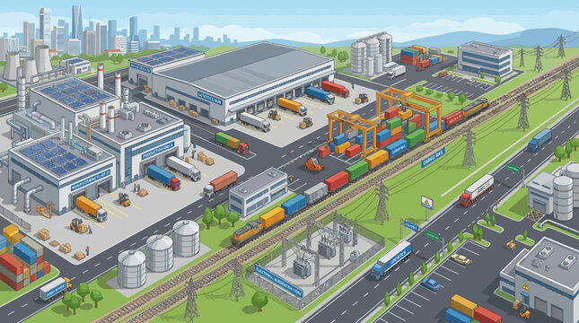 Isometric view of a modern industrial logistics hub with cargo trains and trucks.