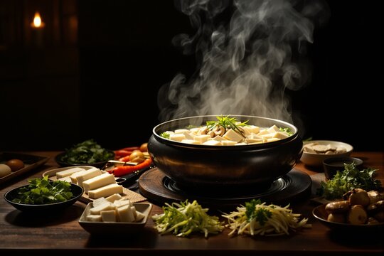 Steaming Japanese nabe hot pot with tofu, vegetables and mushrooms on wooden table with rising steam and warm lighting