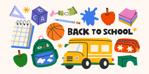 Fototapeta premium Back to school stickers set in cartoon trendy style. Cute elements collection of school supplies, yellow bus, backpack, stationary, apple, basketball ball, notebook. Vector educational illustrations