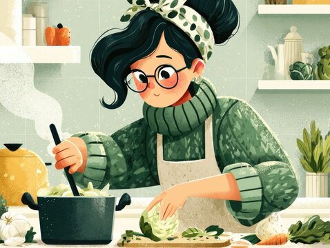 Woman cooking healthy vegetables in cozy kitchen illustration