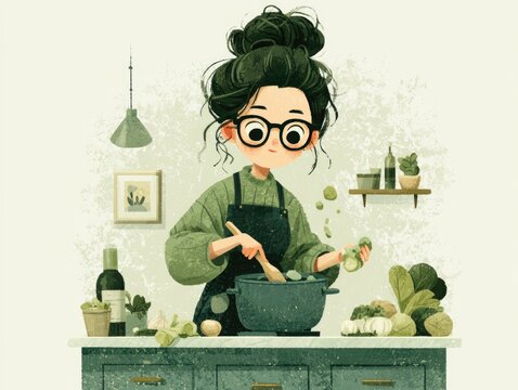 Woman cooking healthy vegetables in cozy kitchen illustration