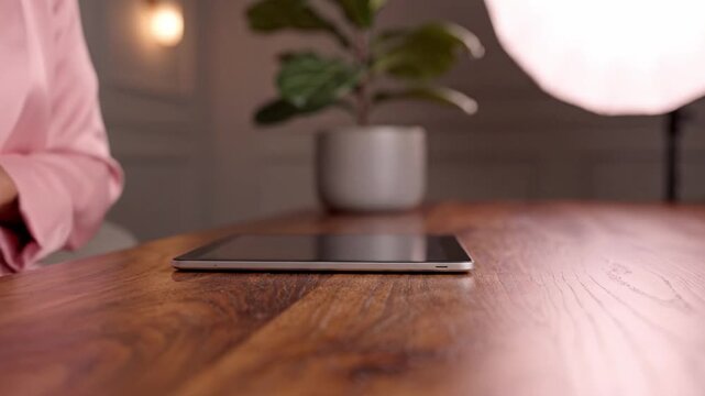 A close-up of a stylish wooden table featuring a tablet and a leafy plant, showcasing a serene indoor environment with soft lighting in the background