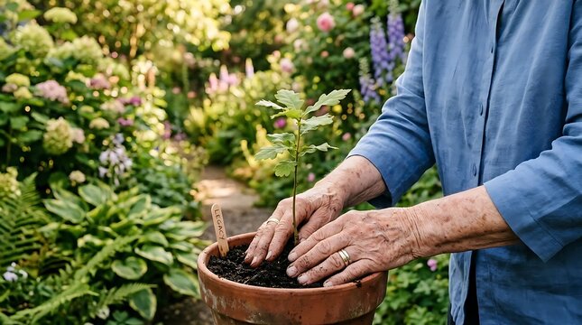 Elderly hands planting a young tree in a terracotta pot
