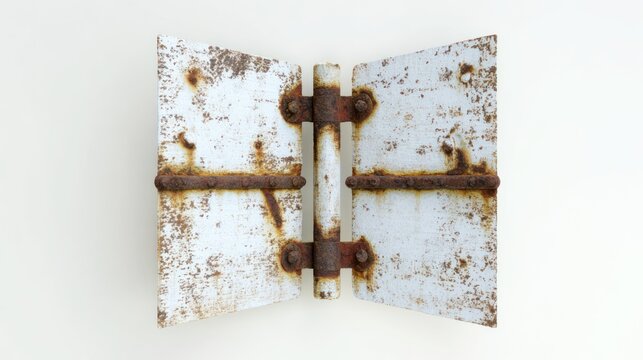 Weathered metal door detail with hinge and rust against white background