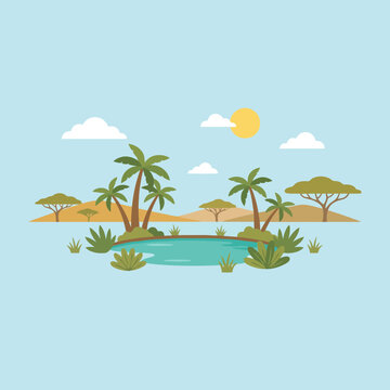 A flat vector illustration of a tropical oasis