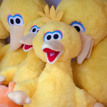Cute big bird plush dolls character toys collection arranged on shelf for sale at retail souvenir shop display on June 9, 2026 in Bangkok, Thailand
