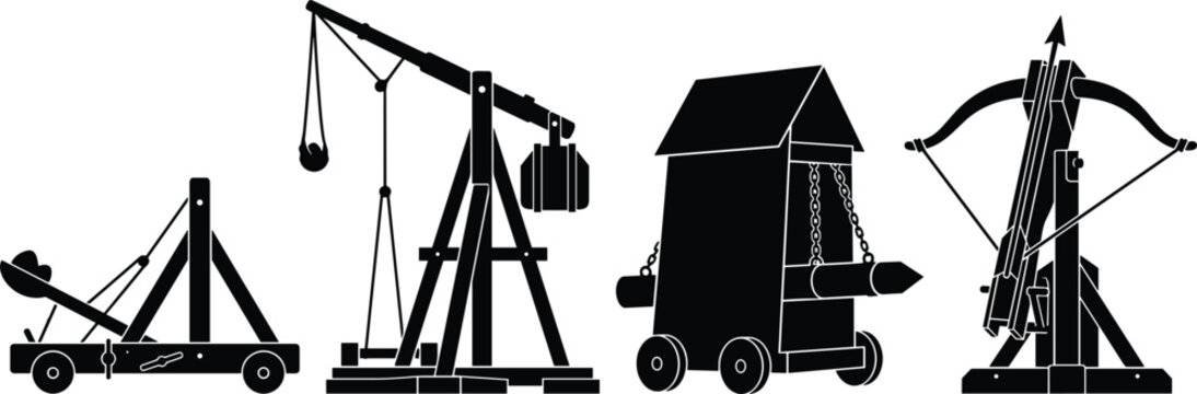 Medieval Siege Weapon and Warfare Machine Silhouette Icon Set with Catapult Trebuchet Battering Ram and Ballista Designs