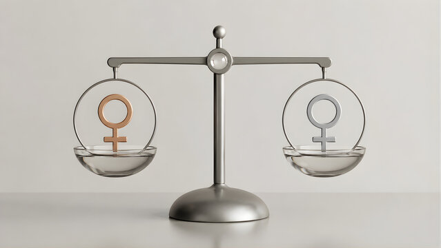 Balanced scale with female symbols representing gender equality