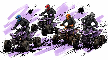 Four Dynamic ATV Riders in Full Gear Racing on Purple Quad Bikes, Detailed Vector Illustration with Vibrant Splatter and Brushstroke Background, Extreme Off-Road Action © titin