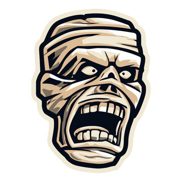 Cartoon mummy head with bandages and open mouth