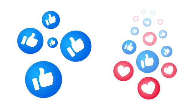 Social media reaction icons with thumbs up and heart symbols isolated on transparent background