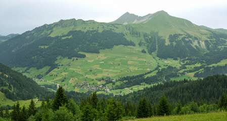 Obraz premium Scenic view of Swiss Alps with lush green valleys and distant mountains