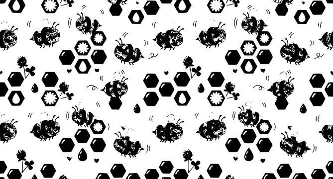 Black and white bee pattern with honeycombs and flowers