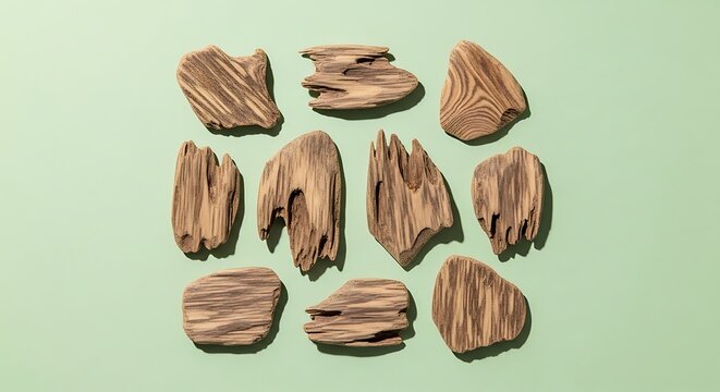 oud wood chips on sage background