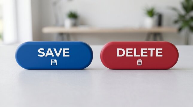 Save, Delete buttons, computer interface, web navigation, blue and red icons