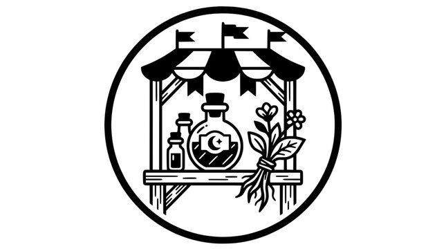 Mystical Potion Stall with Herbs and Moon Symbol