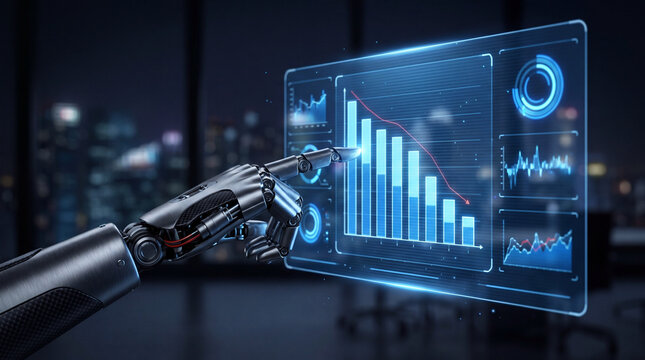Robotic hand pointing at holographic data chart in dark office, futuristic artificial intelligence interface for business analytics and technology concept