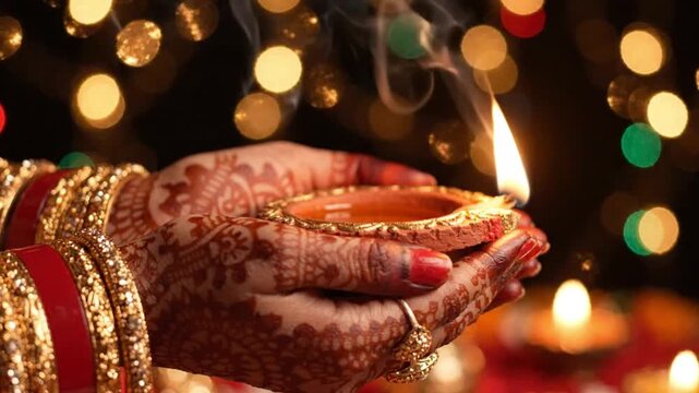 Close up of an Indian bride with beautiful mehndi hands holding a burning clay diya lamp for ritual prayer.