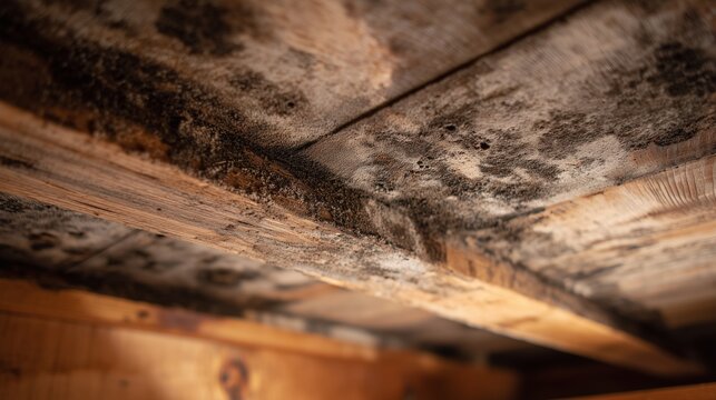 Attic remediation mold on wooden rafter and plywood sheathing showing black mold growth and water damage.