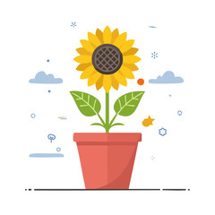 Obraz premium Flat illustration of sunflower in red pot