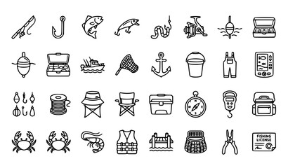 Fototapeta premium Fishing and boating linear icons set black and white vector illustration