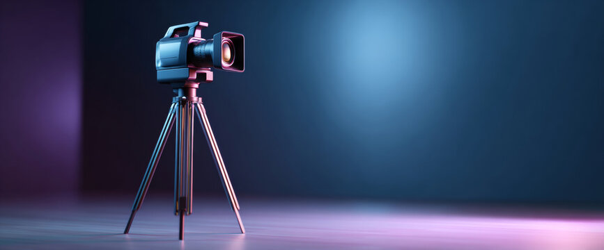 Professional video camera mounted on tripod with colorful lighting in studio environment for media production