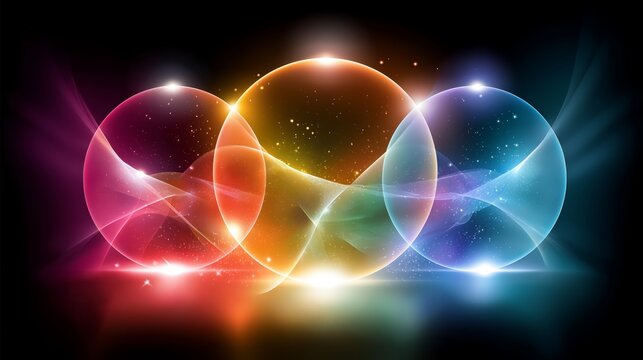 Colorful glowing transparent spheres with wave elements and particles on black background abstract modern futuristic design