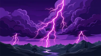 Fototapeten Violett Dramatic Purple Lightning Storm Over Mountain River  © Rizky