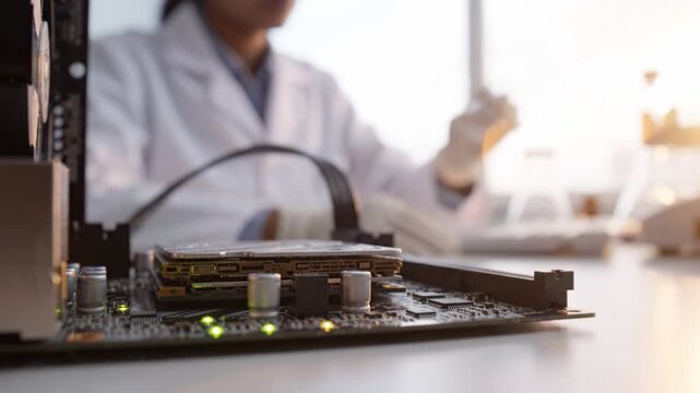 Focused laboratory environment featuring a researcher in a lab coat working with electronic components on a motherboard in a light-filled workspace