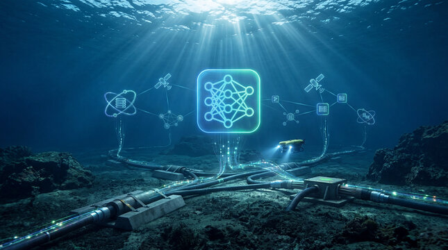 Underwater network cable with glowing data flow, artificial intelligence icon, and ocean sunbeam in deep sea