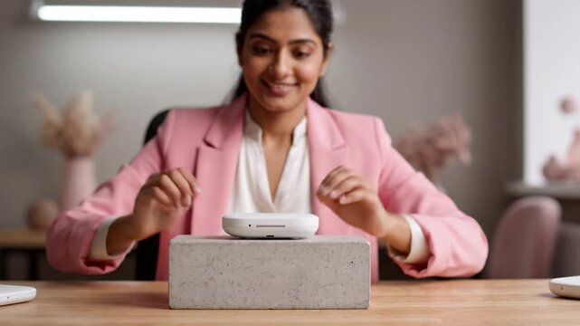 A fashionable woman in a pink blazer thoughtfully interacts with minimalist d&eacute;cor, showcasing modern design aesthetics and the beauty of functionality in workspace.