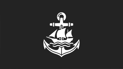 Nautical Anchor and Sailing Ship Silhouette on Black Background © bruno