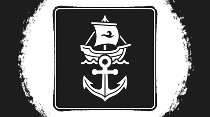 Nautical Emblem: Sailing Ship and Anchor Icon on Dark Textured Background © bruno