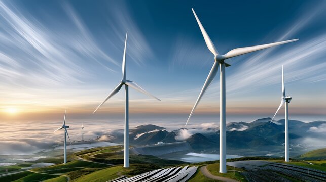 Scenic landscape of wind turbines on green rolling hills during sunrise with clear blue sky and wispy clouds in sustainable energy environment