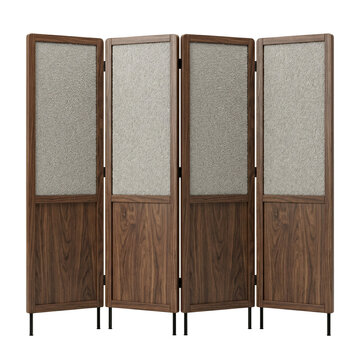 Wooden folding room divider with textured panels isolated