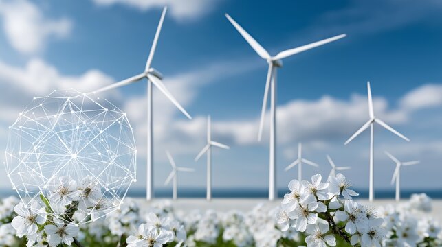 Renewable energy concept with wind turbines and white flowers in a field under clear blue sky and innovative network illustration