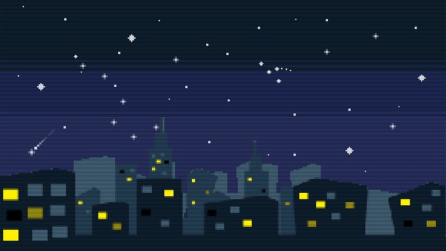 Pixel graphics with night city background.Night sky with stars,  clouds in 8 bit style. Vector illustration.