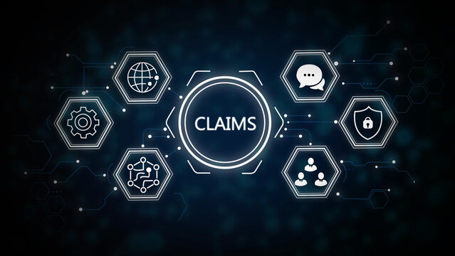 Blue digital claims processing flowchart with on dark background, insurance