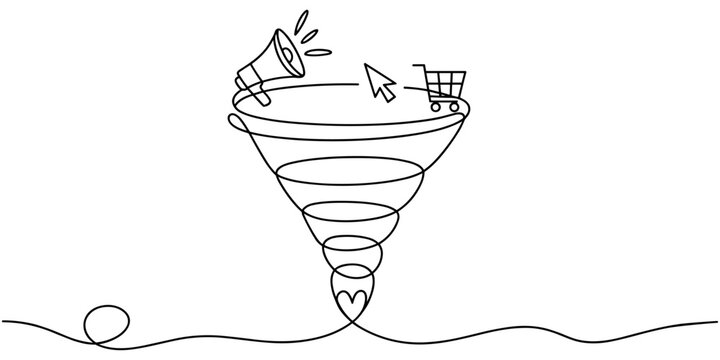Black line of funnel with megaphone shopping cart and computer mouse leading to heart shaped exit 
continuous one line drawing in white background

