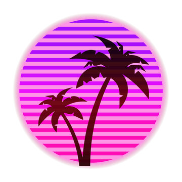 Retro Palm Trees with Neon Striped Sunset &ndash; 1980s Synthwave Vector Illustration