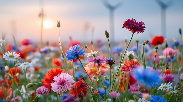Wildflower field vibrant blooming flowers at sunset with wind turbines in blurred background showcasing sustainable energy landscape
