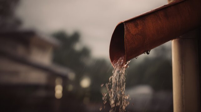 Rainwater gushing from copper gutter during stormy weather